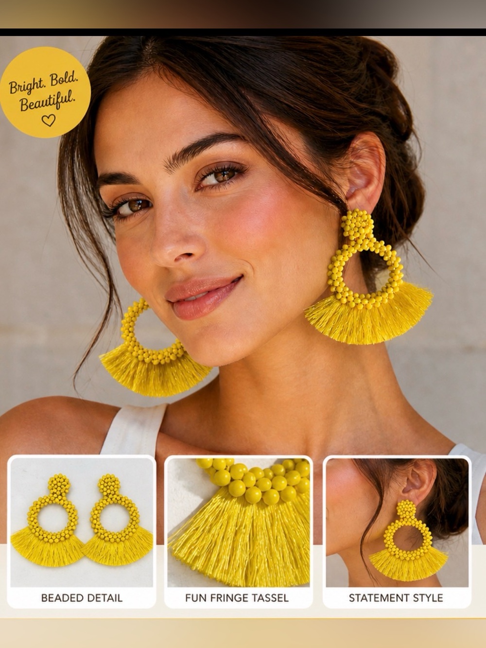 Bright Yellow Beaded Hoop Tassel Earrings | Statement Fringe Boho Chic